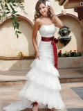 Cheap Strapless organza Mermaid Multilayers with red sash wedding dress