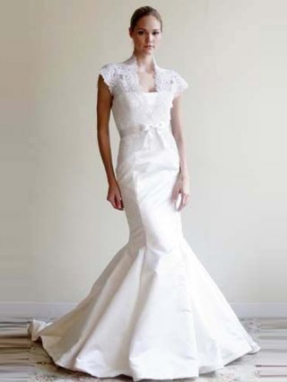 Designer Lace jacket with a white ribbon and Satin skirt trumpet Wedding dresses