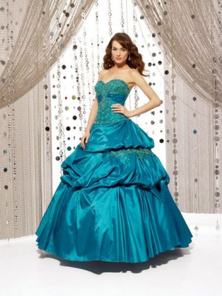 New Designed Modest Wholesale Embroidery Blue Sweetheart Strapless Taffeta and Satin Ball Gown