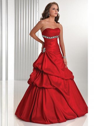 Cheap Elegant Ball Gown A-line Style Red Strapless taffeta floor length cheep Prom Dress