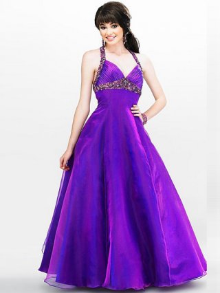 A-line Style Purple Beaded Halter sash V-neck empire waist floor length ball gown/ Prom Dress
