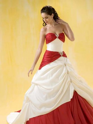 2012 unusual Wholesale Cheap New Design Cream And Red Strapless Ball Gown Taffeta Wedding Dress