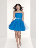 Blue A-line Strapless Empire Waist Design Tea Length Cocktail Prom Dress