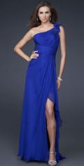 Allure Bateau Neckline With Furcation Chiffon Floor Length With One Flower Strap Side Draped Blue Evening Dress