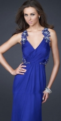 New Style V Neckline With Straps Dropped Floor Length Chiffon Appliques Blue Evening Dress