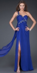 Sweetheart Neckline With One Strap Furcation Chiffon Pleated Back Ribbon Blue Evening Dress With Embroidery