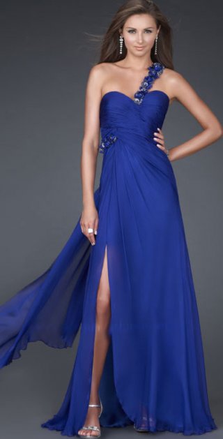 Attractive Floor Length Sweetheart With Appliques Strap Chiffon With A Furcation Side Draped Blue Evening Dress