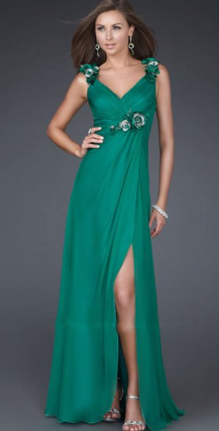 Flower Straps With A V Neckline Dropped Chiffon Bridesmaid / Evening Dress