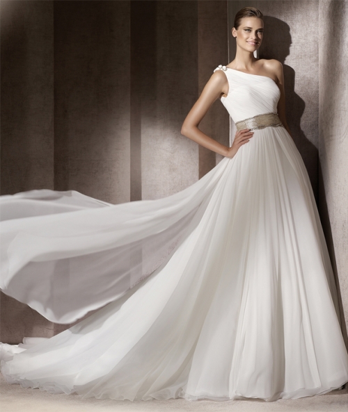 New Style A-line One Strap Chiffon Ruffles Sweep Wedding Dress