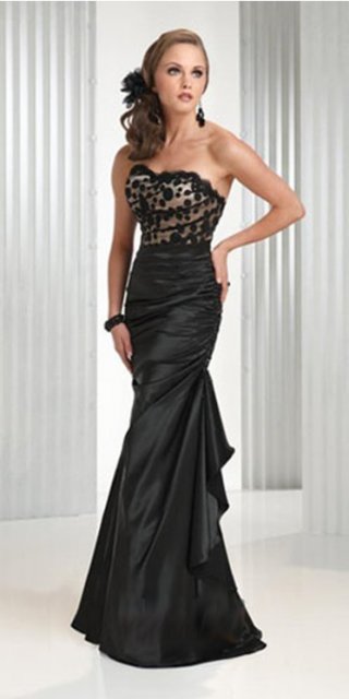 Mermaid Designer Black Ruffled Satin Floor length Strapless Homecoming Dress/ Prom Dress