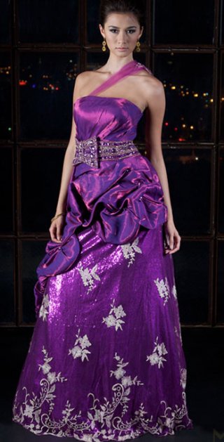 Purple Elastic Satin One-Shoulder Drape Side-Draped Beads Appliques Prom Dress