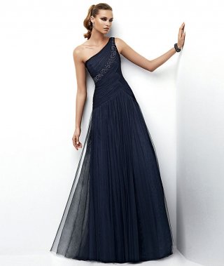 One Shoulder Sheath/ Column Floor length Embroidery Deep Blue Evening Gown One Shoulder Sheath/ Column Floor length Embroidery Deep Blue Evening Gown