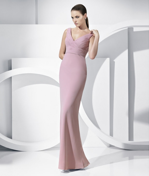 Formal Pink V-neck Chiffon Floor length Sheath/ Column Evening Gown