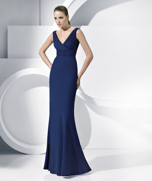 Deep Blue V-neck Chiffon Sheath/ Column Floor length Sequin Working Evening Gown