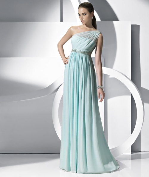 Light Blue One Shoulder Chiffon Beads Working Long DesignEvening Gown