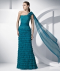 Turqoise One Shoulder Multi-layered Designer Floor length Prom Dress/ Evening Gown