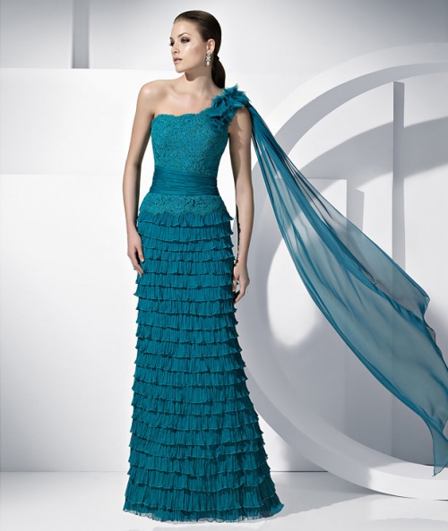 Turqoise One Shoulder Multi-layered Designer Floor length Prom Dress/ Evening Gown