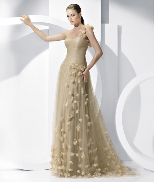 Khaki One Shoulder Floor length Chiffon/ Organza Sweetheart Neckline Evening Gown
