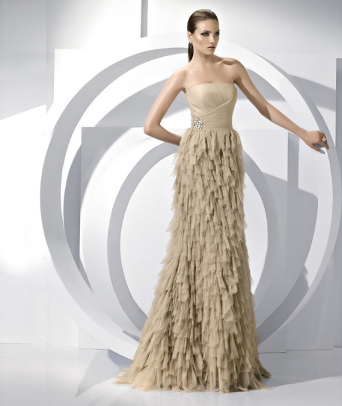 Strapless Floor length Puffy Chiffon Style Long Evening Gown