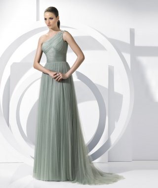 One Shoulder with Beadings Floor length Ruffled Column Evening Gown