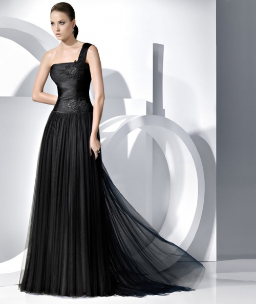 Black One Shoulder A-line Floor length Embroidery Organza Evening Gown