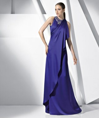 Pruple High Neckline Round Beadings Satin Long-length Evening Gown