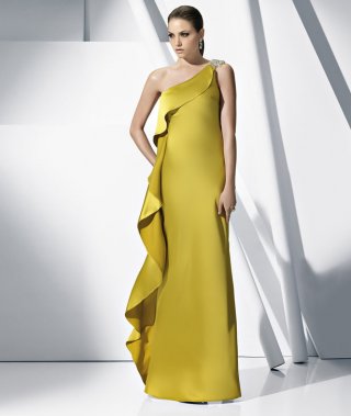 Yellow One Shoulder Satin Floor-length Sheath/ Column Evening Gown