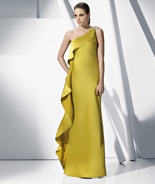Yellow One Shoulder Satin Floor-length Sheath/ Column Evening Gown