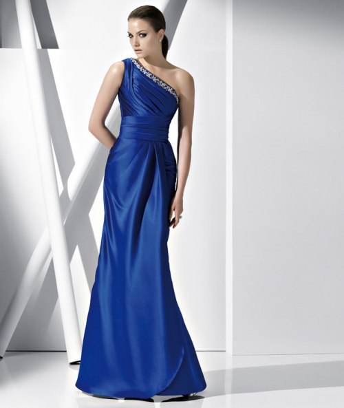 Royal Blue One Shoulder Tiered Satin Floor-length Corset Evening Gown