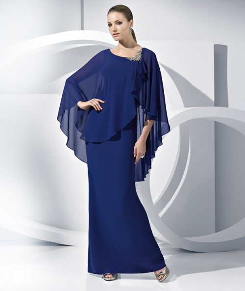 Sheath/ Column Round Neckline Floor-length Chiffon Deep Blue Evening Gown