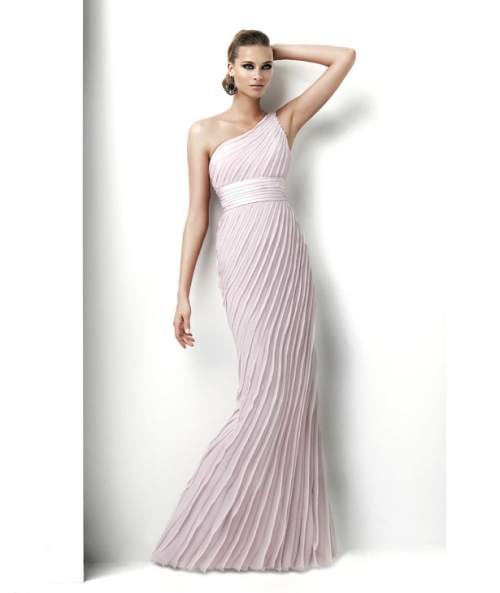 Cheap Pink One Shoulder Sheath/ Column Floor-length Chiffon Evening Gown