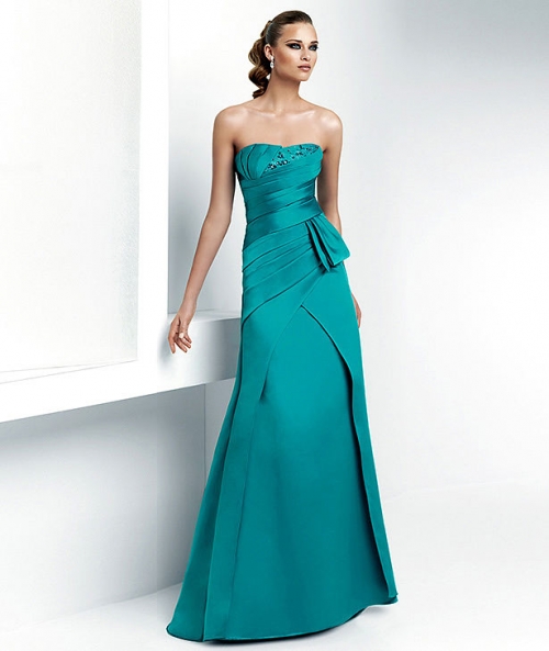 Turquoise Strapless Sheath/ Column Floor length Satin Beadings Evening Gown