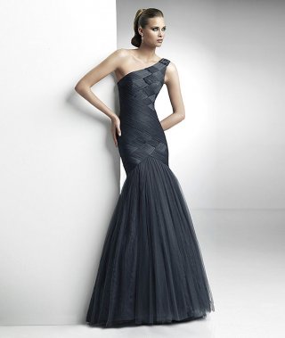 Corset One Shoulder Designer Trumpet Organza Train Long Length Prom Dress/ Evening Gown