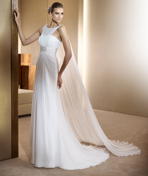 2012 White Chiffon Bateau Neckline Chiffon Column long Beach Wedding Dress