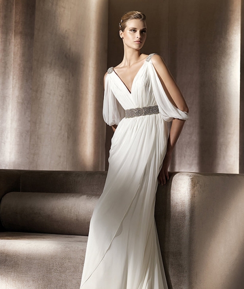 2012 V-neck Delicate Designer Chiffon Sweep length Beach Wedding Dress