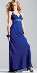 Column / Sheath Dropped V Neckline With Straps Chiffon Beadings Waistband Blue Evening Dress
