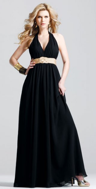 A Fully Pleated Dropped Chiffon Halter With V Neckline Evening Dress With A Gown