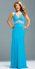Spaghetti Straps Column With V Neckline Chiffon Evening Dress