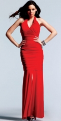 Sexy Red Fully Ruched Detailed Bodice Trumpet Halter Evening Dress With A Furcation