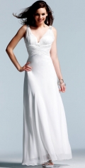 Pure White Ruched V Neckline Dropped Long Evening / Bridesmaid Dress