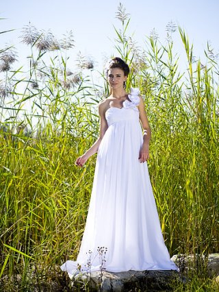 Column Chiffon Beaded Straps Square Neckline Empire Waist Ruffles Informal Summer Beach Wedding Dresses Winter (FHFS-0001)