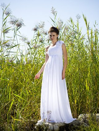 Hot Wholesale Elegance White Chiffon One Shoulder Empire Waist Pleated Design Evening Party Gown(FHFS-0006)