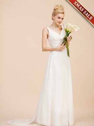 New Arrival Christmas Day White Chiffon Straps V-neck Custom Made Floor length chiffon Evening Dress(FHFS-0014)