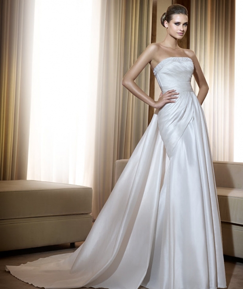2012 Strapless Sheath/ Column Taffeta Ruched Beads Working Beach Wedding Dress