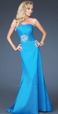 A Line Sheath / Column Dark Blue Brush Train Strapless Evening Dress With Beadings