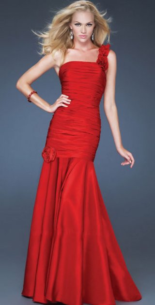 Exclusive Fully Ruched A Line Party / Evening One Flower Shoulder Dress