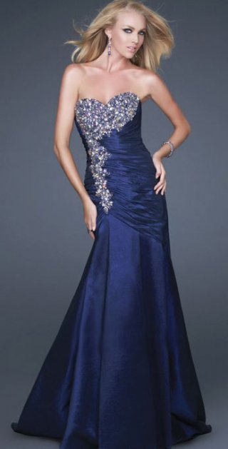 Mermaid Deep Blue Cheap Beading Sequins Strapless Sweetheart Chapel Train Side Tiered Prom Dress