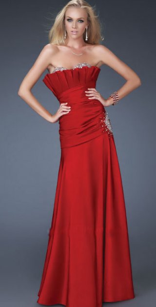 Red Scalloped-Edge Strapless Pleated With Beadings Elegant Evening Dress