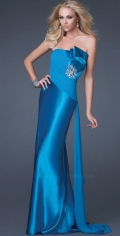 Designer Mermaid Elastic Satin Modest Evening Dress With A Long side Ribbon