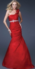 Red Mermaid One Flower Shoulder Folded Appliques Empire Sexy New Style Prom Dress